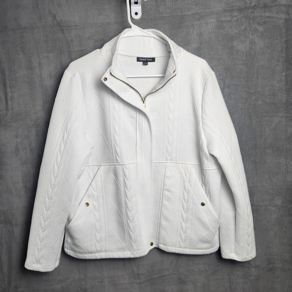 Laurel Grey White Textured Cable Knit Zip Up Jacket Mock Neck Womens Large